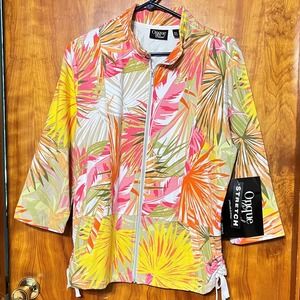 Onque Casual Jacket Bright Tropical Leaves Stretch Zippered XL NWT